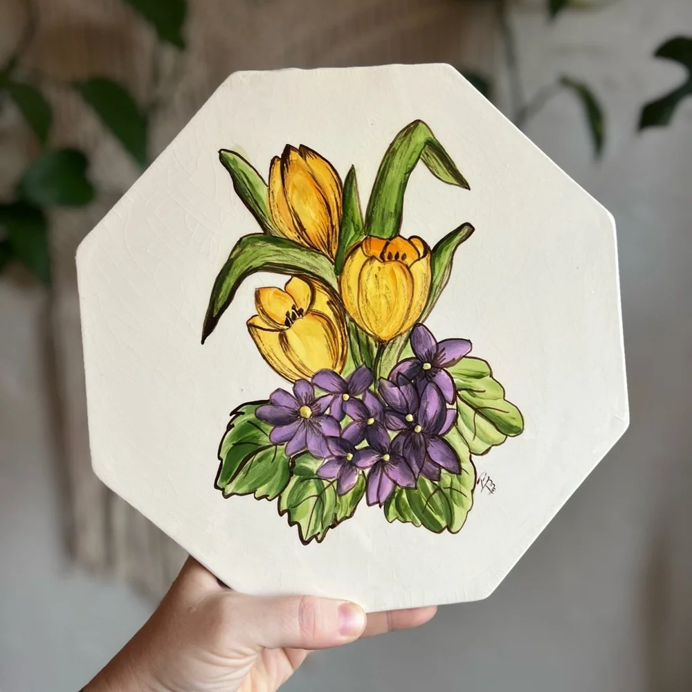 Vintage Hand-Painted Ceramic Trivet • Tulips Violets • Cottagecore Kitchen Decor